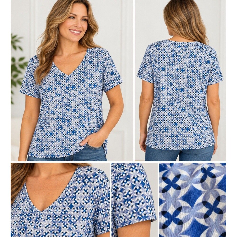 Croft & Barrow The Classic Tee Women Plus XXL Blue Geometric V Neck Cotton NWT